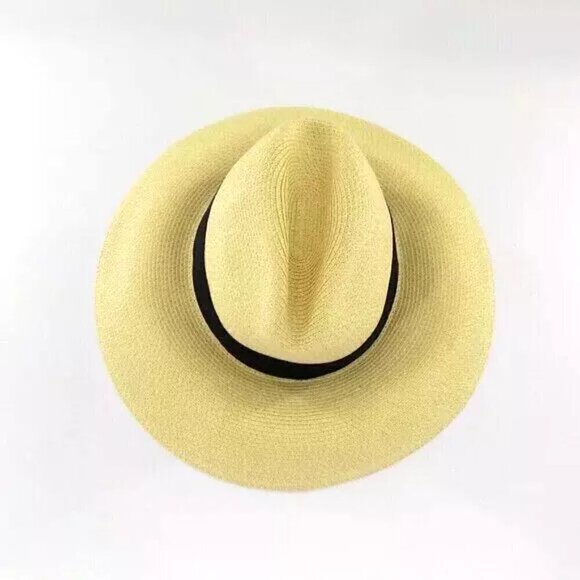 Aqua Bloomingdale's Straw Sun Hat Made in Italy Beige Black Wide Grosgrain Band - Picture 2 of 5